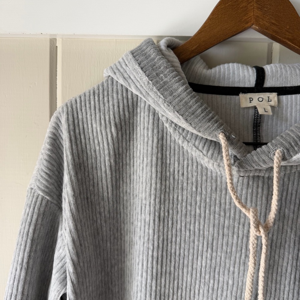 POL Gray Ribbed Hoodie with Striped Sleeve Accents - Picture 3 of 8